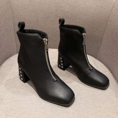 

Thick-heeled short boots women fall retro front zipper square high heels short cylinder Martins boots ins