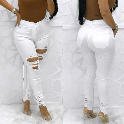 

Tailored Women High Waisted Skinny Elastic Denim Pants Holes Broken Pencil Jeans