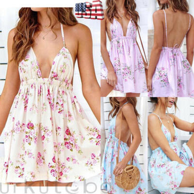 

US Ladies Sexy Deep V Floral Beach Dress Evening Cocktail Party Sundress -XXL