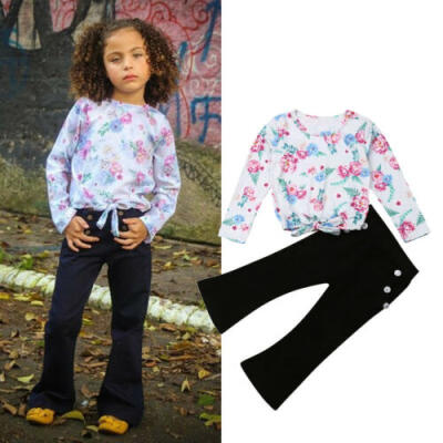

2Pcs Kids Baby Girl Clothes Long Sleeve Flower Tops Flared Pants Outfits Outfit