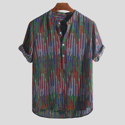 

Toponeto Mens Ethnic Printed Stand Collar Colorful Stripe Short Sleeve Loose Shirt