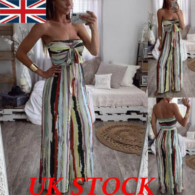 

UK Womens Strapless Striped Jumpsuit Romper Casual Clubwear Wide Leg Pants