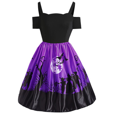 

Cold Shoulder Backless Short Sleeve Halloween Print Plus Size Women Dress