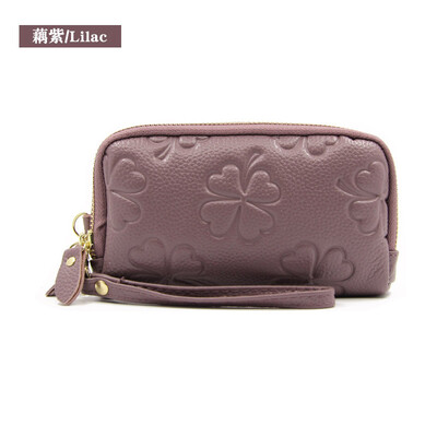 

2019 new four-leaf clover embossed double zipper first layer leather ladies clutch bag long leather wallet wallet