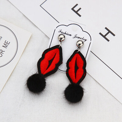 

Fashion Embroidery Red Lips with colorful fur ball Drop Earring Double Earrings Ear Drop For Women
