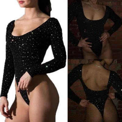 

Women Bodysuit Bodycon Jumpsuit Romper Crystal Tops Blouse Playsuit Long Sleeve