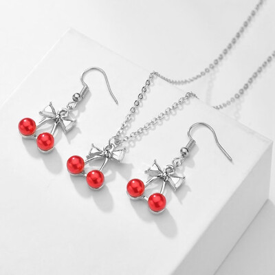 

Cute Bright Earrings Necklace Set Fruit Sexy Lips Cherry Bow Pendant Charm Sweet Girl Fashion Jewelry Earrings Necklace Set
