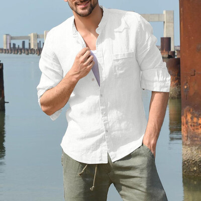 

Toponeto Mens Baggy Cotton Linen Solid Long Sleeve Button Pocket Stand Collar Shirt Tops