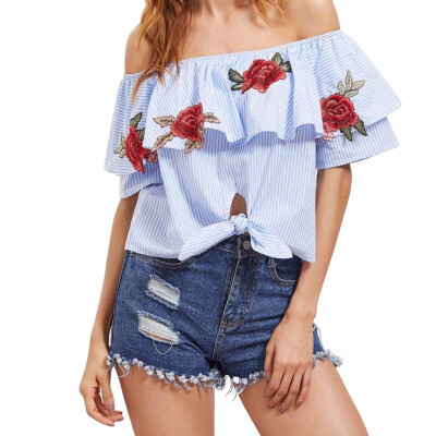 

2019 Summer Women Elegant Fashion Design Sexy Off Shoulder Embroidery Flower Shirt Blue Striped Short-sleeved Womens Blouse