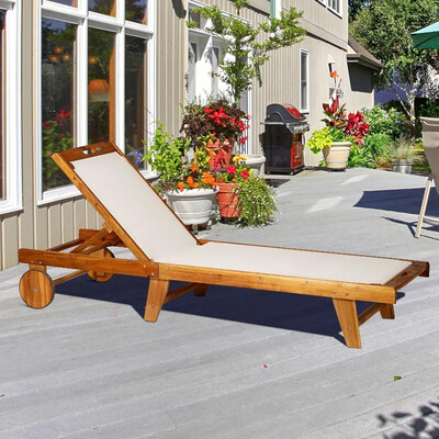 

Mesh Acacia Wood Adjustable Outdoor Sun Lounger with Wheels