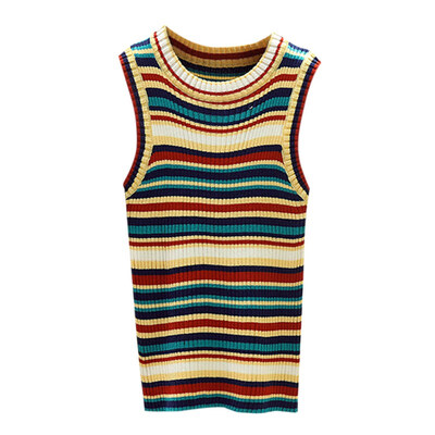 

Women Rainbow Contrast Striped Round Neck Summer Tops Sexy Sleeveless Tank Tops Female Casual Knit Vest Clothing