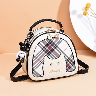 

New cute cat decorative check small round bag shoulder bag student Korean version ins wind children fun shoulder bag