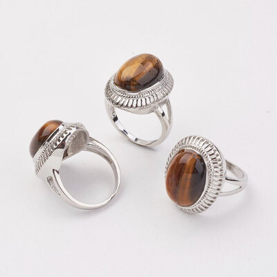 

Natural Tiger Eye Finger Rings with Alloy Ring Finding Paltinum Oval Size 8 18mm