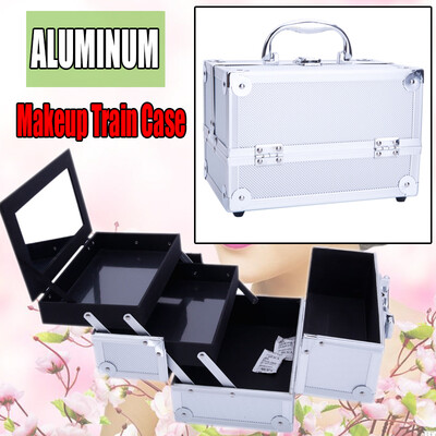 

Aluminum Makeup Train Case Jewelry Box Cosmetic Organizer with Mirror 9"x6"x6" Silver