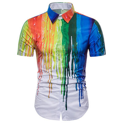 

2018 Mens 3D Print Short Sleeve Shirt New Fashion Shoulder Hem Color Ink Shirt Male Dress Brand Clothes Graffiti Style