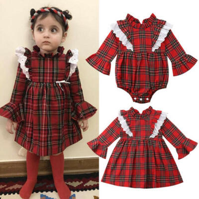 

UK Newborn Baby Girls Lace Checks Romper Party Princess Gown Dress Xmas Costume