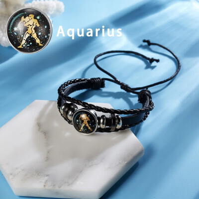 

12 Constellations Punk Leather Zodiac Sign Beads Bangle Bracelets For Women Men Jewelry Travel Bracelets Holiday Gift