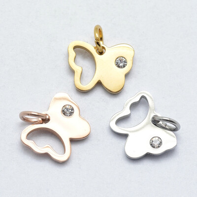 

316 Stainless Steel Pendants with Cubic Zirconia Butterfly Clear Mixed Color 9x11x2mm Hole 3mm