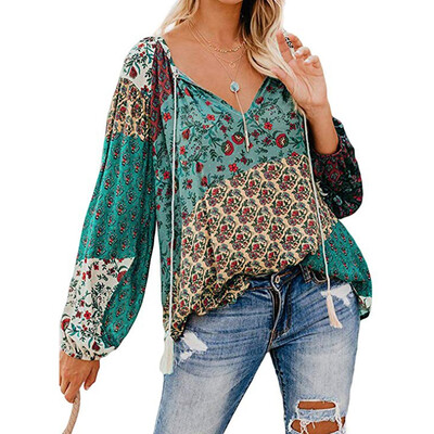 

Tailored Fashion Womens Floral Print V Neck Long Sleeve Shirts Casual Loose Blouses Tops