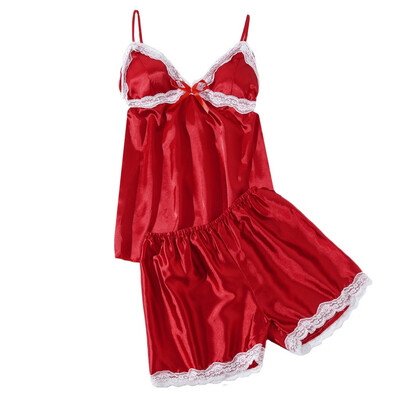 

Toponeto Women Satin Vest Silk Lingerie Bow Lace Pajamas Sleepwear Camisole Shorts Set