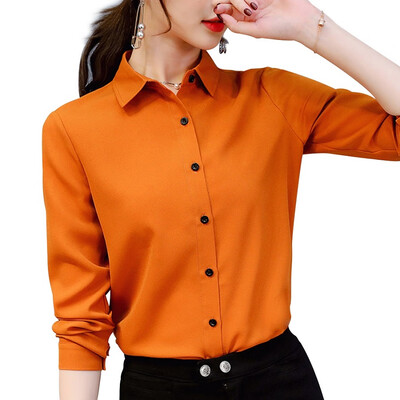 

Women Spring Summer Long Sleeve Lapel Casual Chiffon Solid Color Blouse