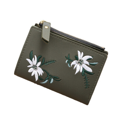 

Women Embroidery Faux Leather Coin Key Card Holder Zipper Purse Short Wallet