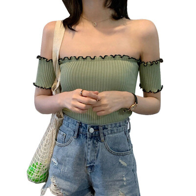 

Womens Slash Neck Solid Short Sleeve Knitted Ruffles T-Shirt