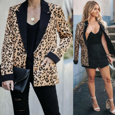 

Women Lady Leopard Coat Long Sleeve Jacket Casual Lapel Outwear Blazer Slim Tops