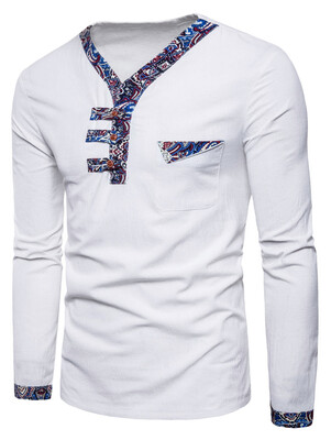 

Ethnic Stripes Edge Patch Button Decor Chest Pocket Long Sleeve Tee