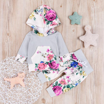 

Bnwt Newborn Baby Girls Flower Hooded Tops Pants 2PCS Outfits Set Clothes 0-24M