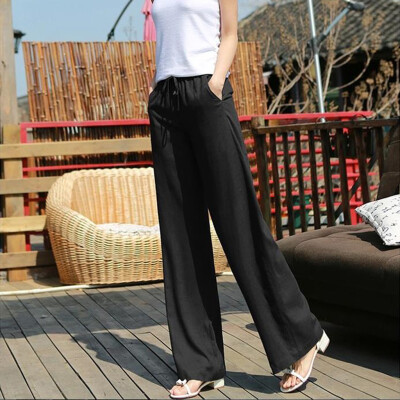 

Women Pure Color Lace Up Tightness Wide Leg Pants Pocket Easy Trousers