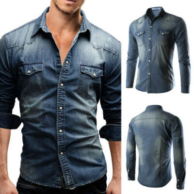 

US Mens Traditional Denim Shirt with Flap pocket&Snap button from -XXXL