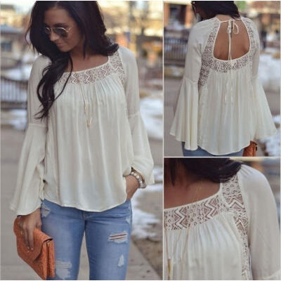 

New Fashion Women Bell Sleeves Embroidery Top Blouse Lace Crochet Chiffon Shirt