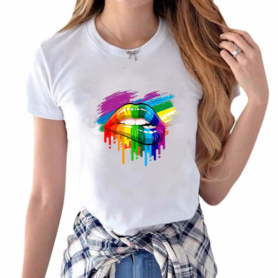 

Nomeni Women Fashion Personality Color Lips Print Short Sleeve Round Neck T-Shirt
