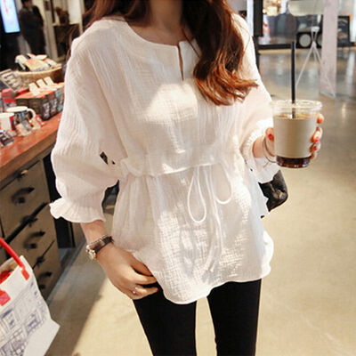 

Autumn Women Solid Color T-shirt Loose Lace Up Waist Drawstring Three Quarter Butterfly Sleeve Small Fresh Ruffles O Neck Tops