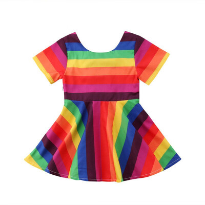 

Kids Baby Girls Short Sleeve Dress Rainbow Printed Bowknot Dress Set
