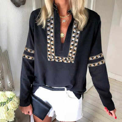 

Amazon wish autumn&winter explosion models European&American national wind stripes v-neck long-sleeved casual ladies shirt
