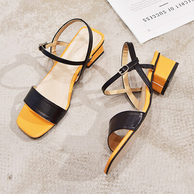 

One-word Button Sandals Women Summer Korean Version 100-set Rough-heeled Sandals Simple Roman Medium-heeled Womens Shoes Tide
