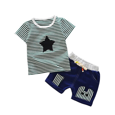 

Summer Baby Boy Short Sleeve Stripe Star Print T Shirt Elastic Waist Shorts 2Pcs Suit Set