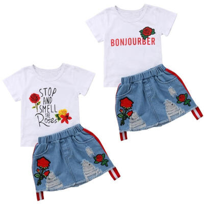 

2pcs Toddler Kids Baby Girl Summer Outfits Floral Print T-shirt TopsDenim Ripped Skirts Set Clothes