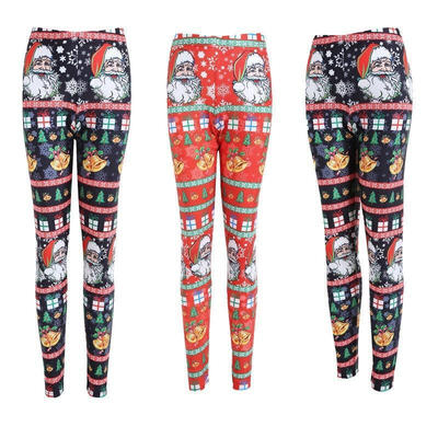 

Women Leggings Xmas Tree Bell Santa Clause Printed Stretchy Tight Leggings Pants