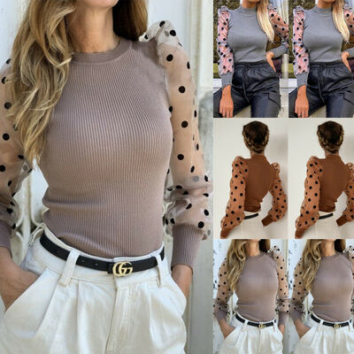 

Women Turtle Neck Mesh Puff Long Sheer Sleeve Sweater Top Pullover Blouse Shirts