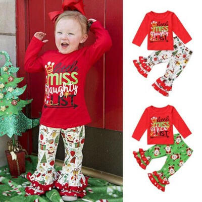 

USA Kids Baby Girls Christmas Cotton Outfits Long Sleeve TopsLong Pants Clothes