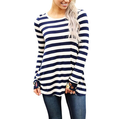 

Splicing Striped Tees O-neck Flower Print T-shirts Women Long Sleeve Tops