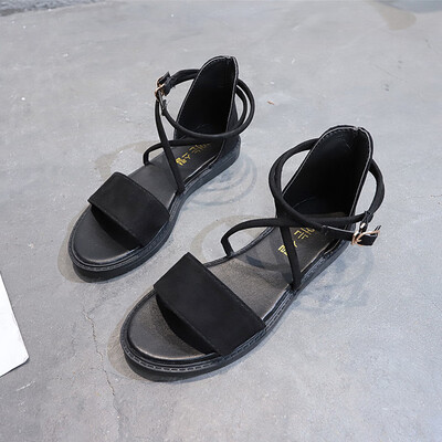 

Sandals woman Xia 2019 new flat-soled student network celebrities simple Korean version of fairy wind cross-tie Roman shoes