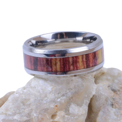 

8MM Fashion Stainless Steel Silver Wood Inlaid Wedding Band Ring Size 6-12