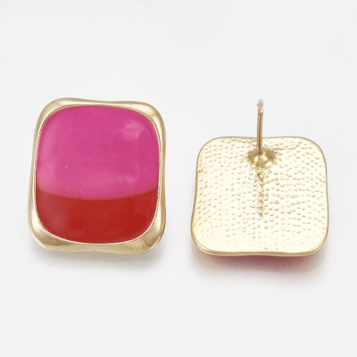 

Alloy Enamel Stud Earrings Rectangle Light Gold DeepPink 195x175mm Pin 07mm