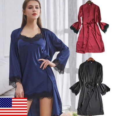 

US Women´s Hot Sexy Silk Satin Pajamas Sleepwear Vintage Bathrobe Nightwear Gown