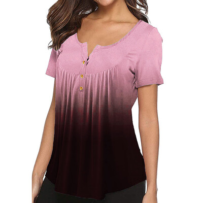 

Starmoon Women Gradient Row Pleats Button Ruched Short Sleeve Irregular T-Shirt Tops