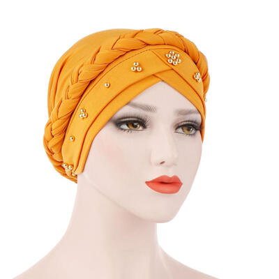 

Solid Color Braid Beads Decor Women Muslim Hijab Turban Head Scarf Cap Hat
